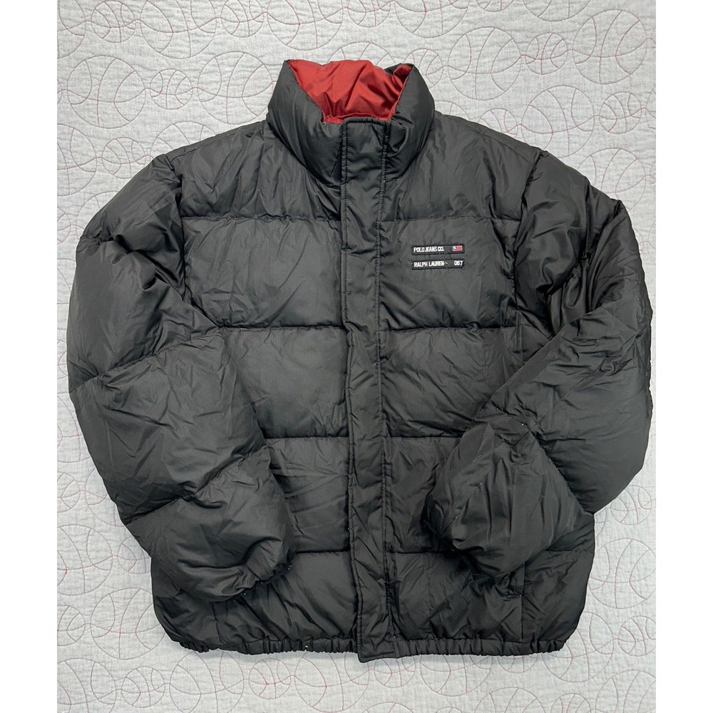 Polo Jeans Co Puffer Jacket Black 90s VTG Spellout Flag / Mens XXL